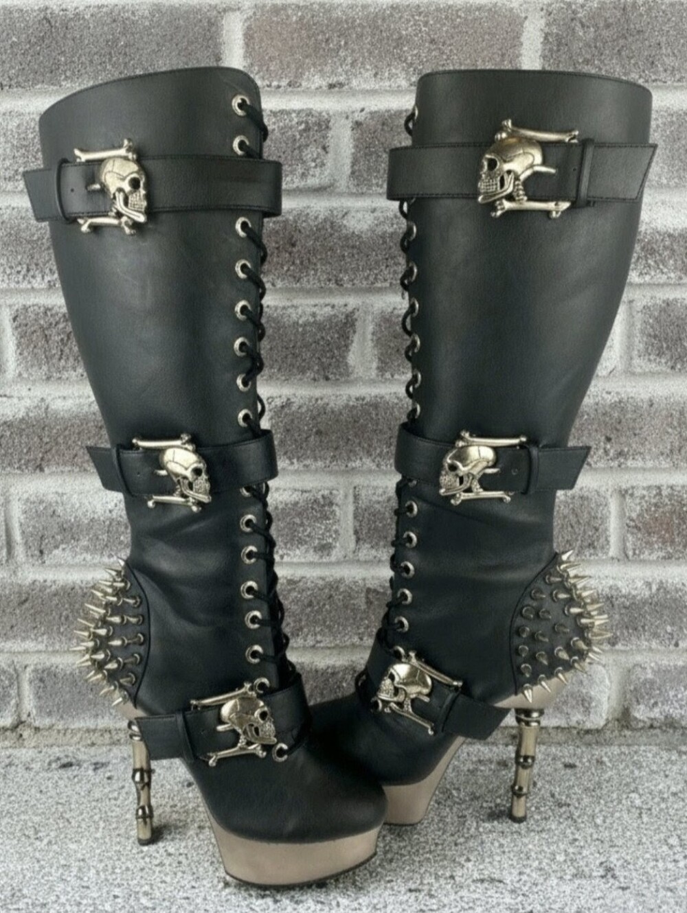 Demonia muerto 2028 chrome bone spiked heel skull buckle lace up boots 11 BNIB - Picture 3 of 17